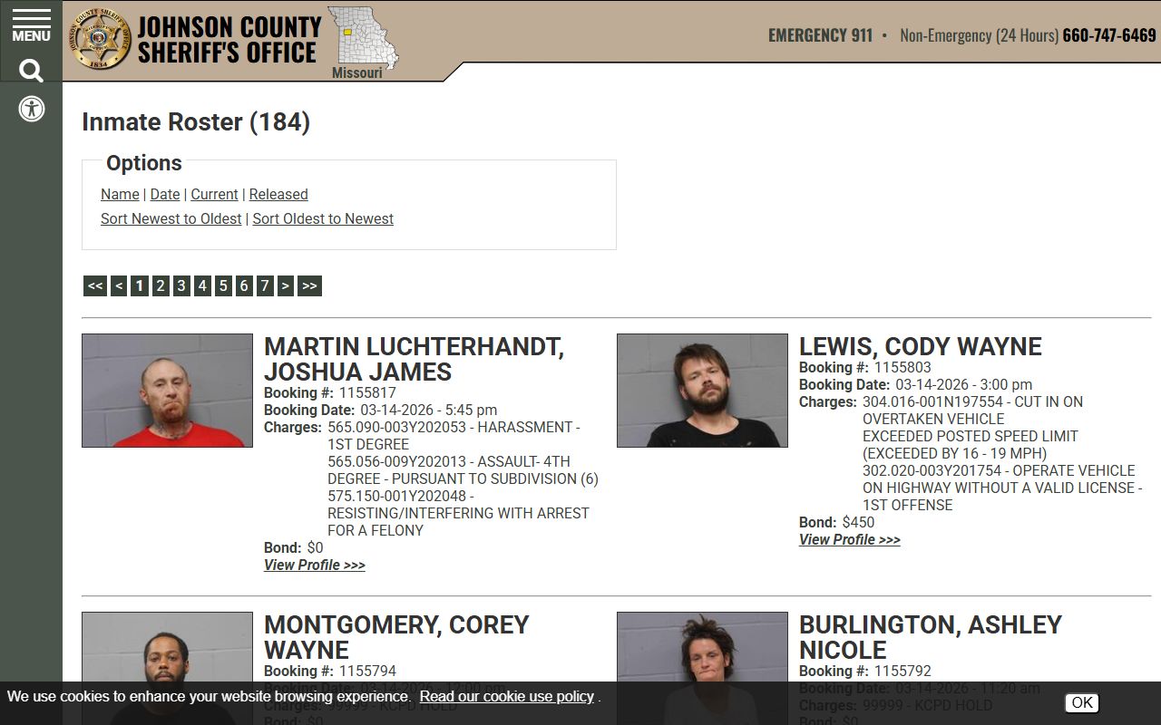 Independence jail roster search on Jackson County Sheriff website showing inmate bookings