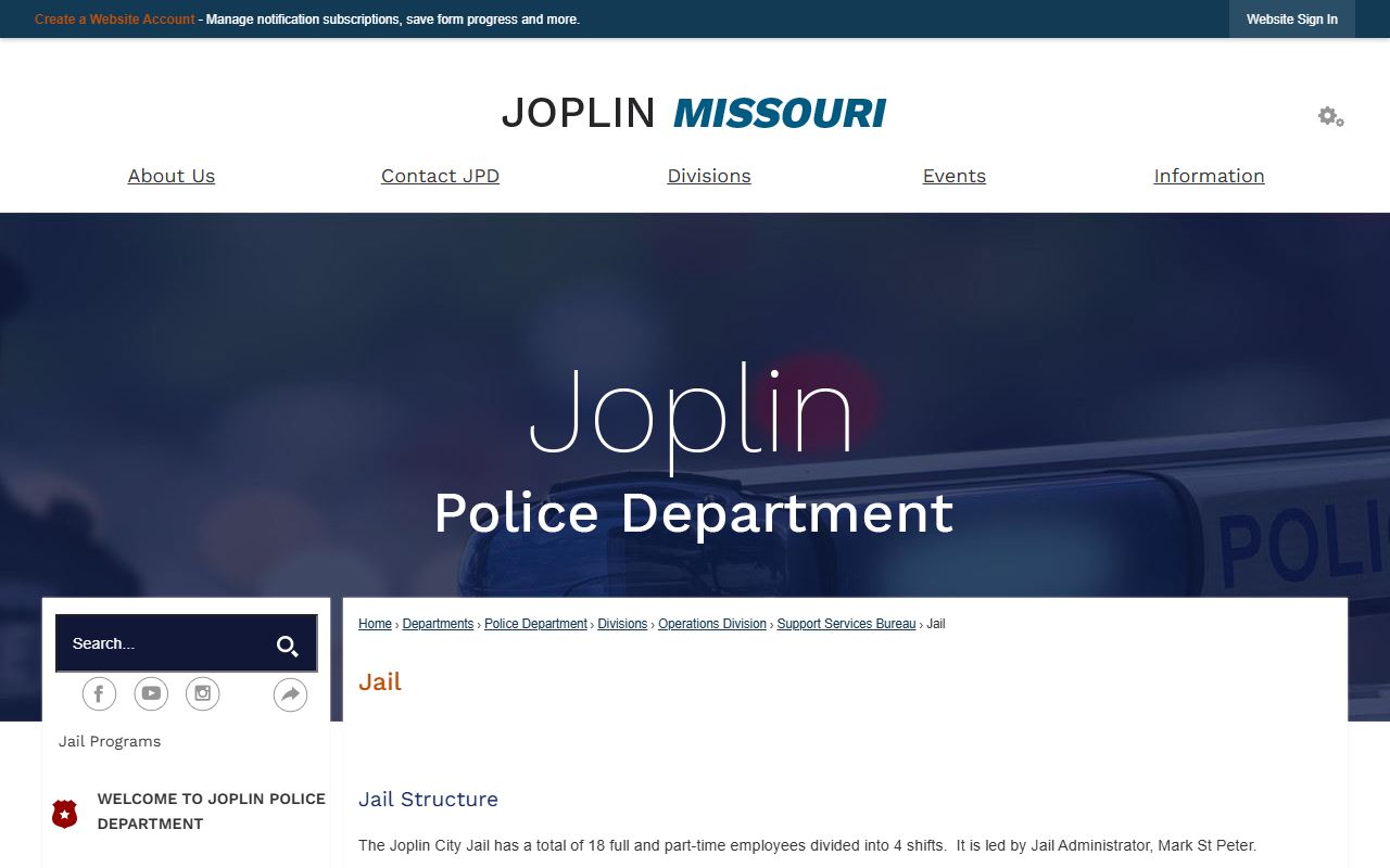 Joplin City Jail official page for jail roster search in Missouri