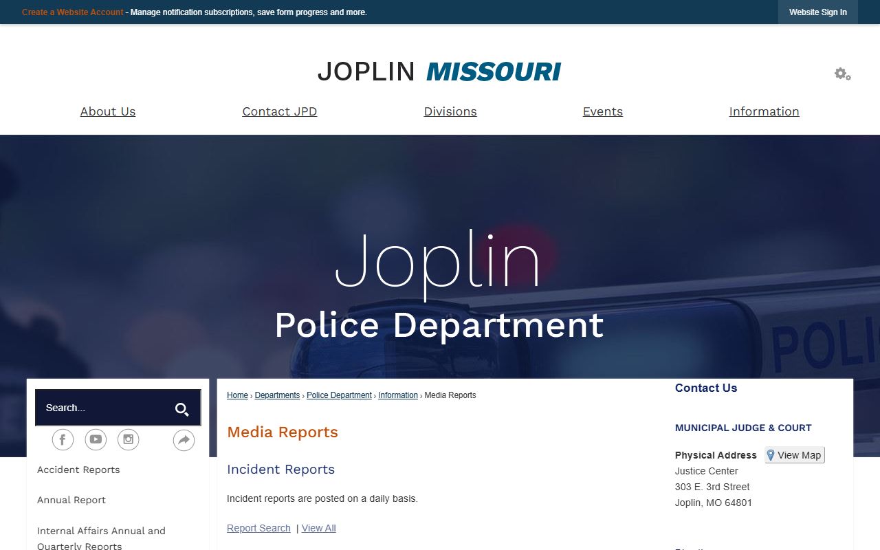 Joplin Police Department media reports page for arrest records in Missouri