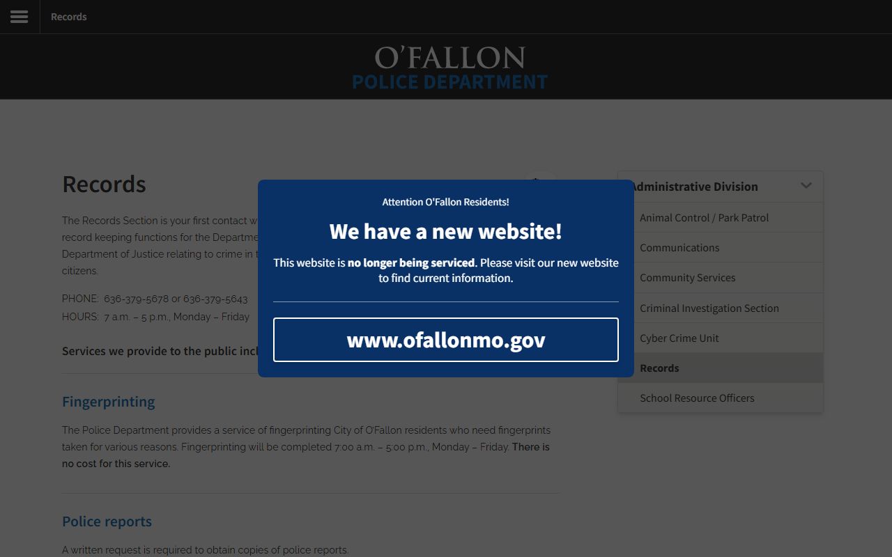 O'Fallon Police Department records section page for jail roster and records requests
