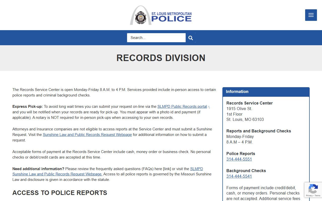 St. Louis Metropolitan Police Department records page for jail roster searches
