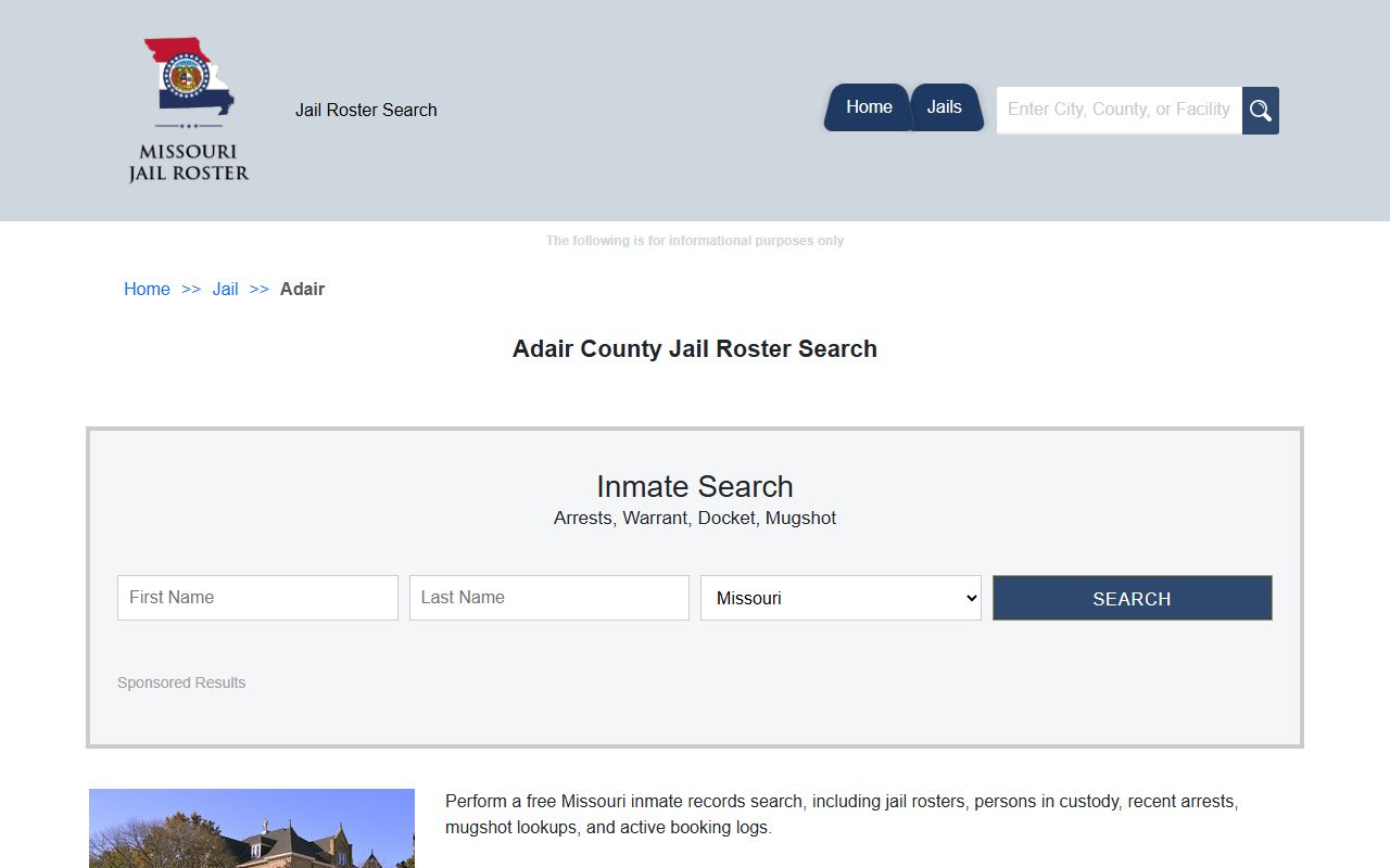 Adair County jail roster search page for inmate lookup in Kirksville Missouri