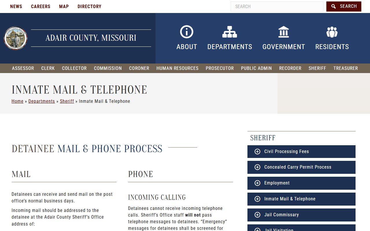 Adair County inmate mail and phone policy page for jail roster contacts