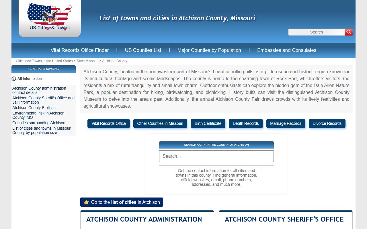 Atchison County directory page with sheriff contact info for jail roster inquiries