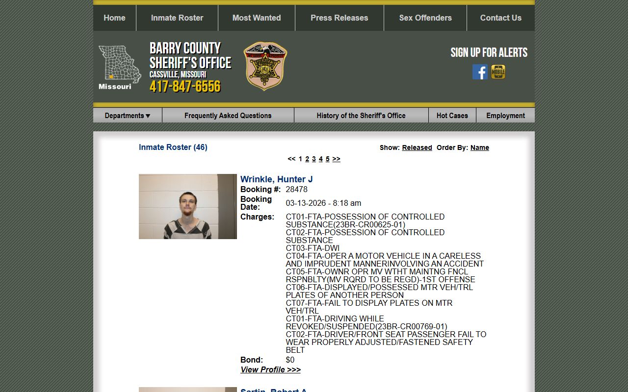 Barry County inmate roster page showing current jail roster bookings in Cassville Missouri
