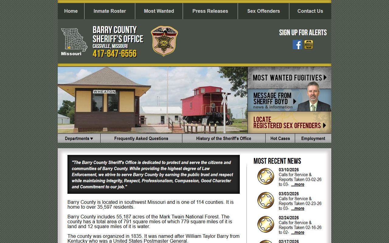 Barry County Sheriff Office website for jail roster information in Cassville Missouri