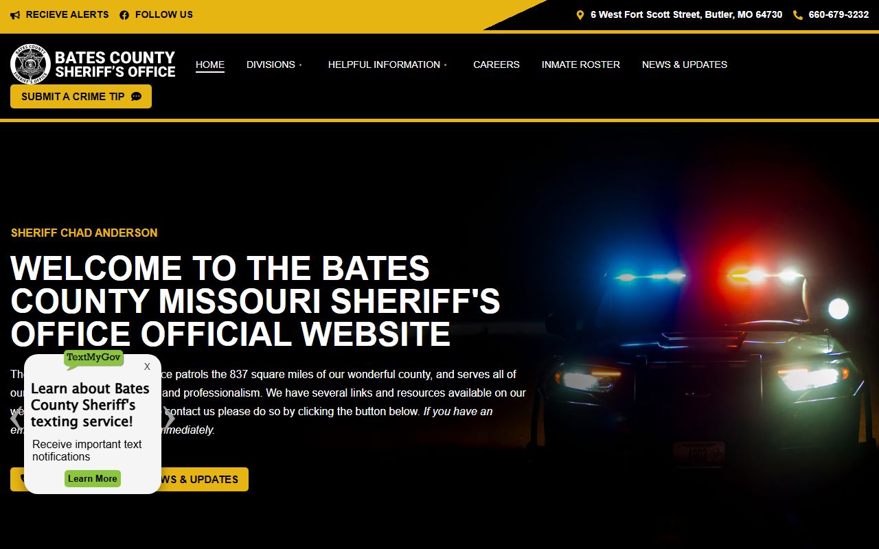 Bates County Sheriff Office website for jail roster and inmate search in Butler Missouri