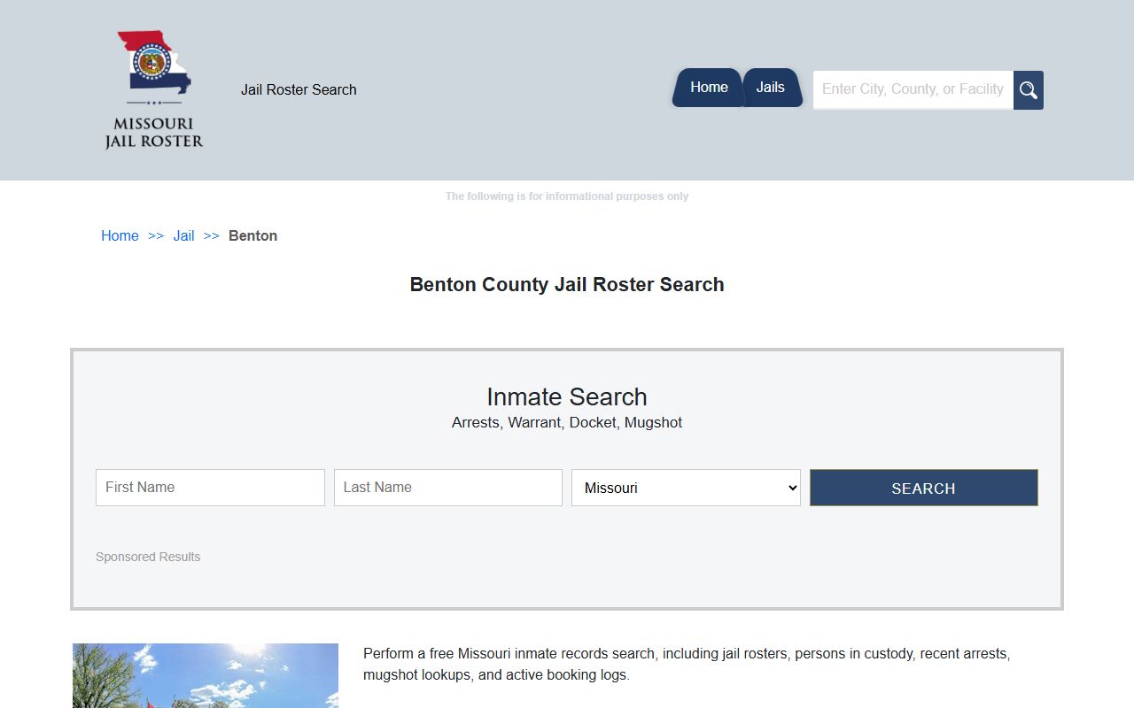Benton County jail roster search page for inmate records in Warsaw Missouri