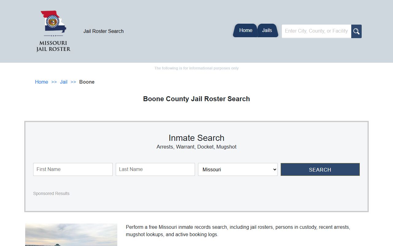 Boone County jail roster search page for inmate lookup in Columbia Missouri