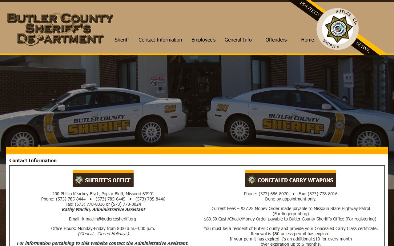 Butler County Sheriff contact page with detention center info for jail roster inquiries