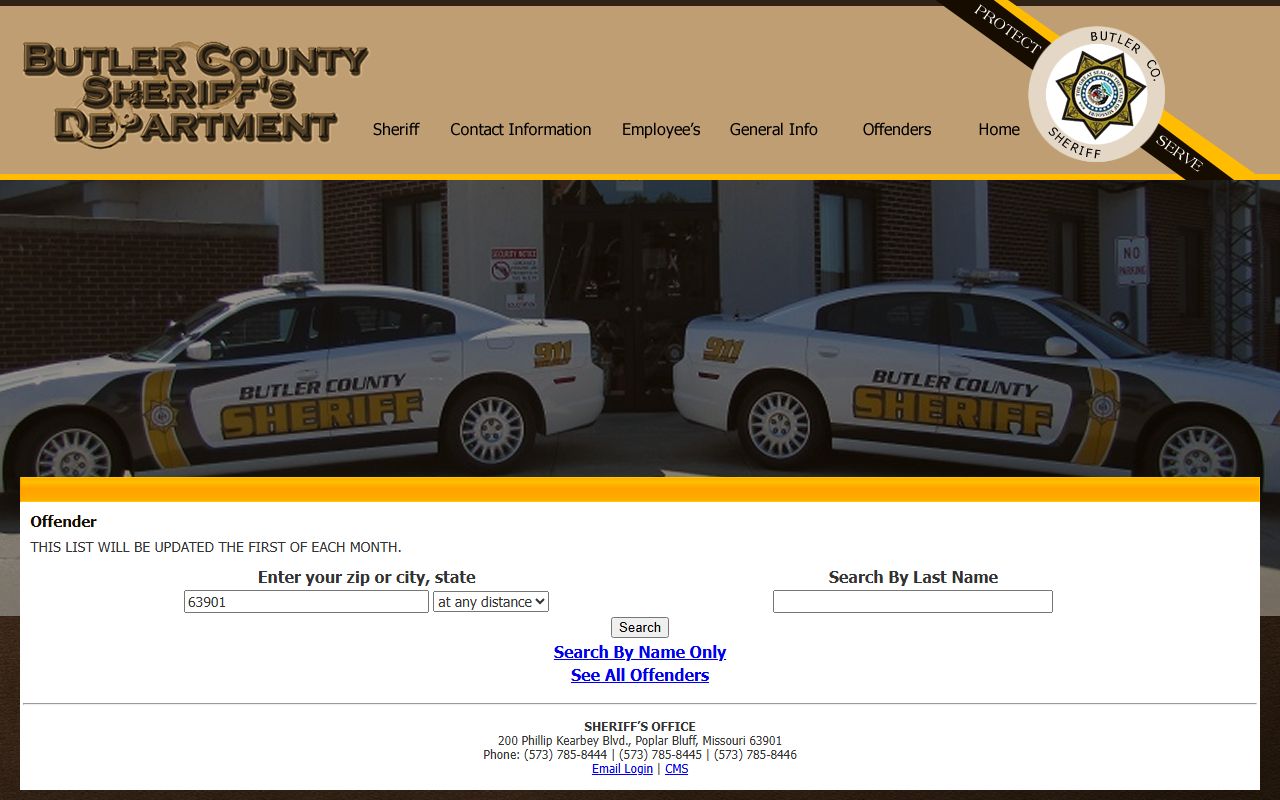 Butler County offender search page for jail roster and public safety records in Poplar Bluff