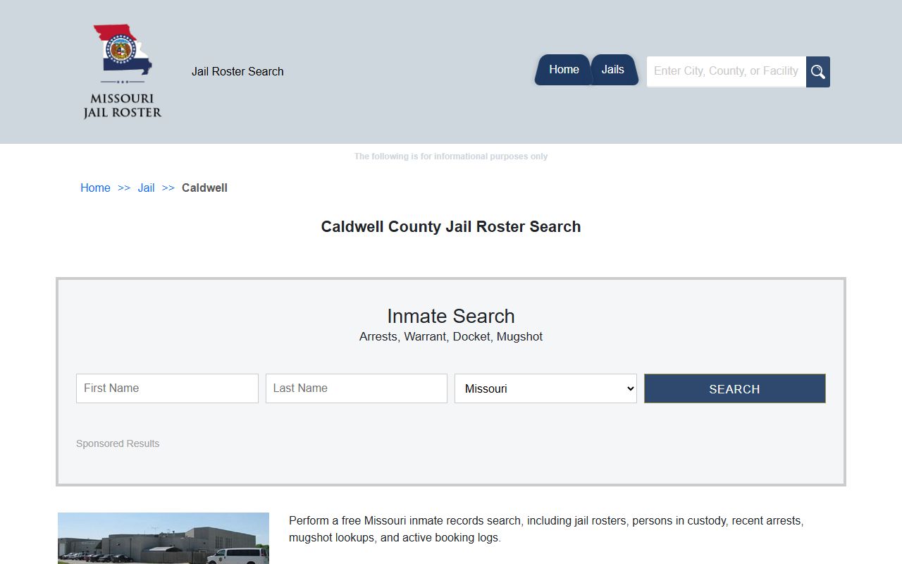 Caldwell County jail roster search page for inmate lookup in Kingston Missouri