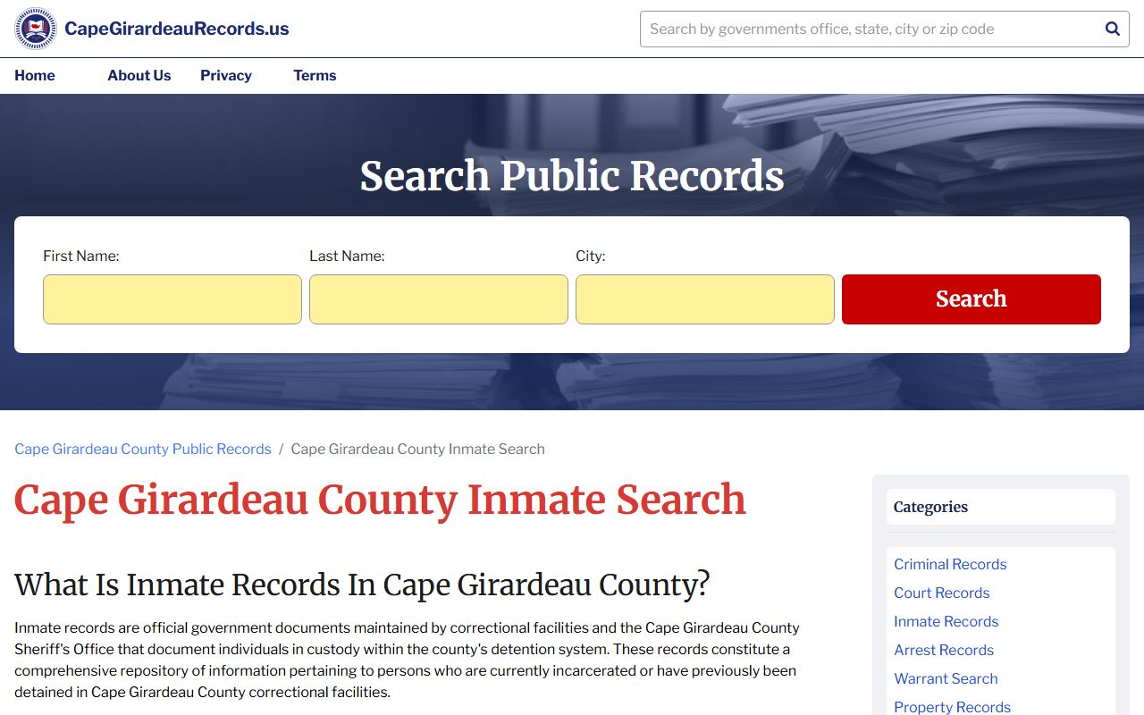 Cape Girardeau County inmate search page for jail roster lookup in Jackson Missouri