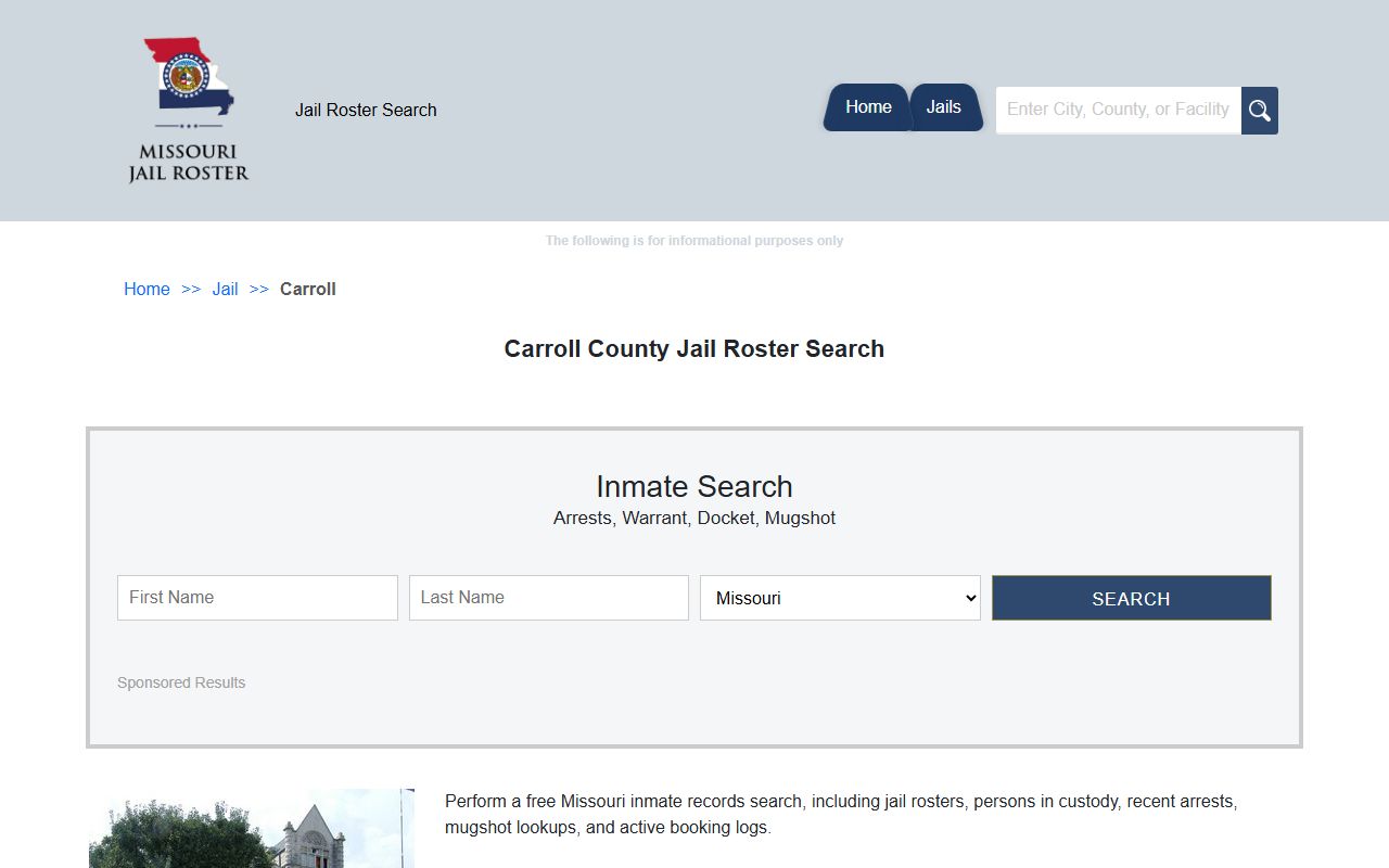 Carroll County jail roster search page for finding inmates in Missouri
