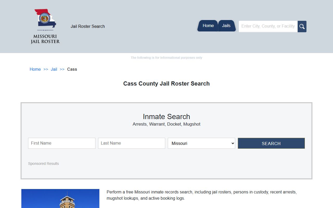 Cass County jail roster search page for finding inmates in Harrisonville Missouri