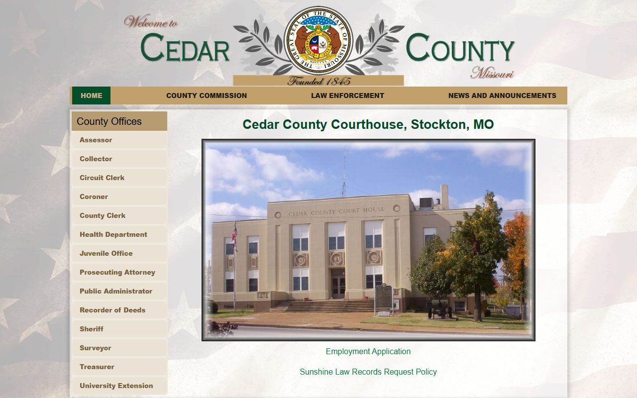 Cedar County Missouri government website for jail roster and sheriff office information