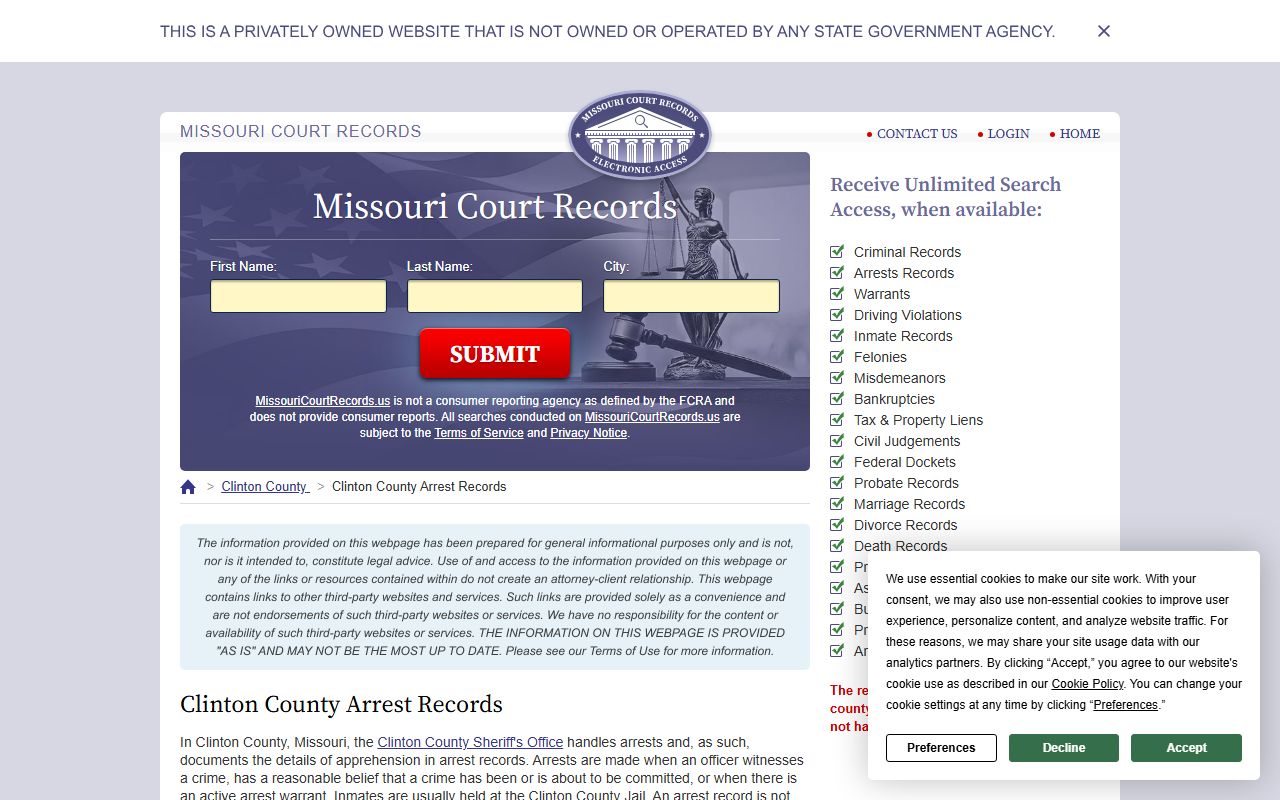 Clinton County arrest records page for jail roster and public records search in Missouri