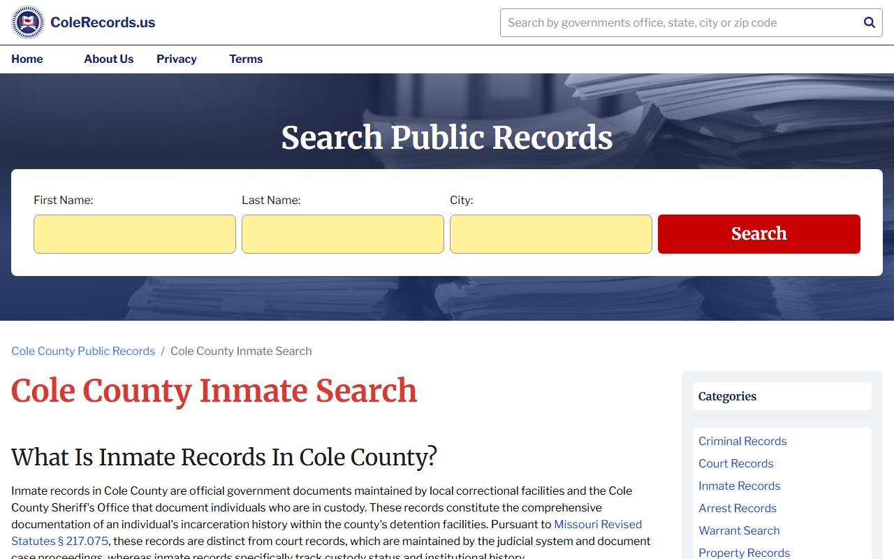 Cole County inmate search portal for jail roster records in Jefferson City Missouri