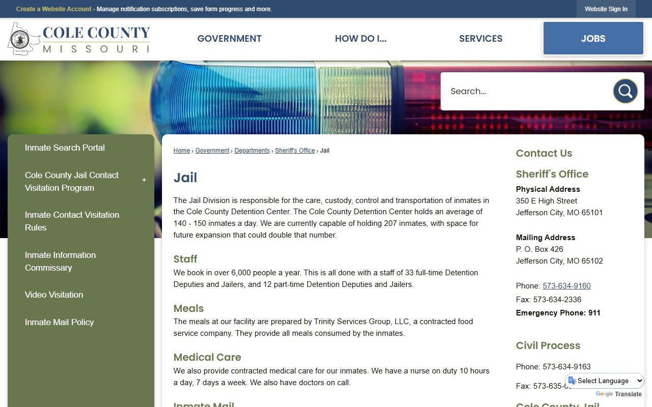 Cole County Jail official page for jail roster search in Jefferson City Missouri