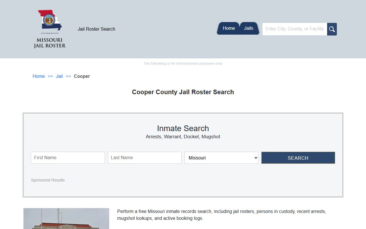 Cooper County jail roster search page for finding inmates in Boonville Missouri