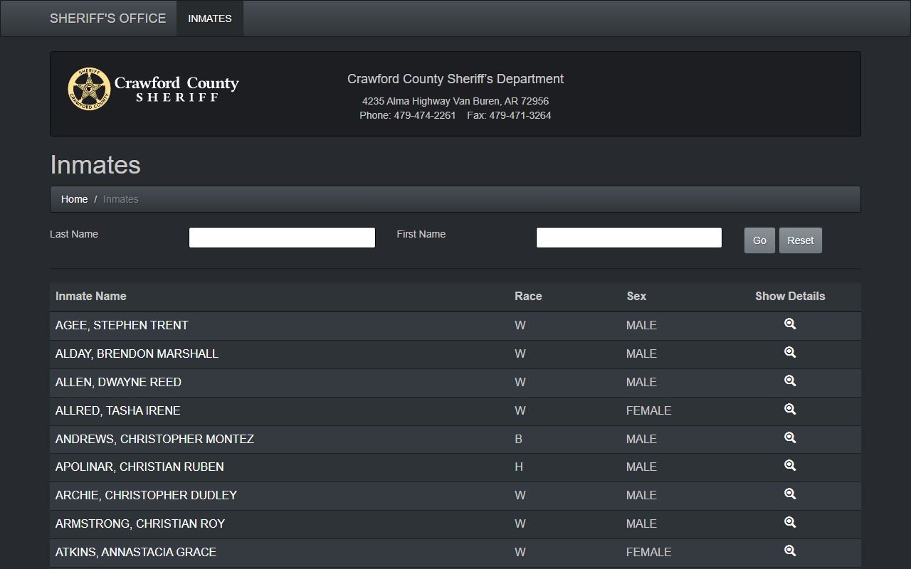 Crawford County Sheriff Office inmate roster page for jail roster search in Steelville Missouri