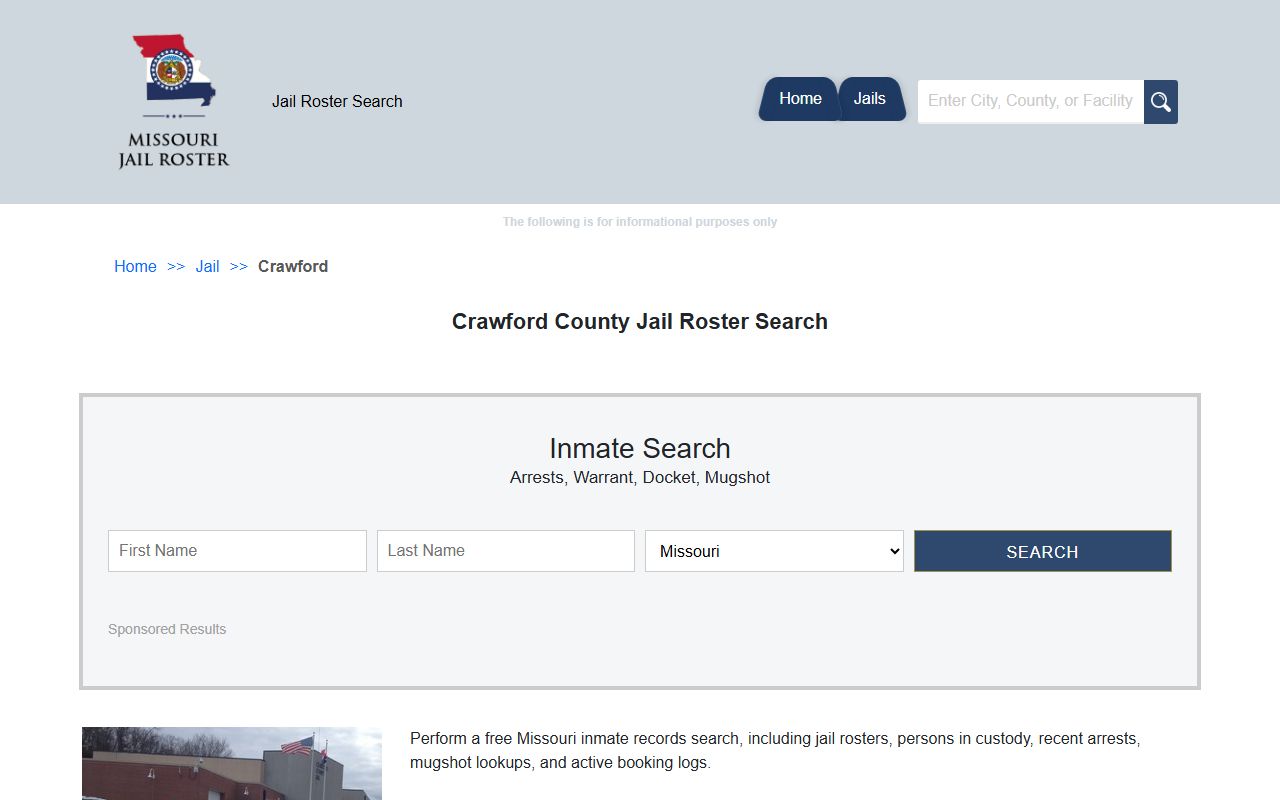 Crawford County jail roster search tool for finding inmates in Missouri