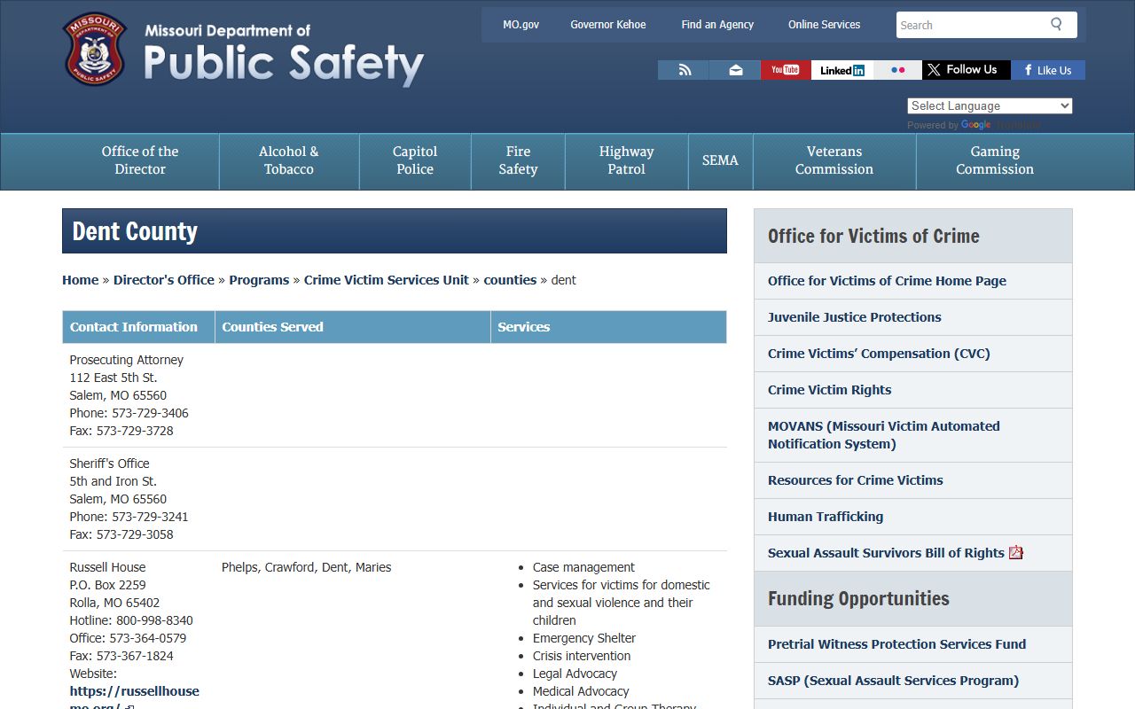 Dent County DPS services page for victim support and jail roster alerts