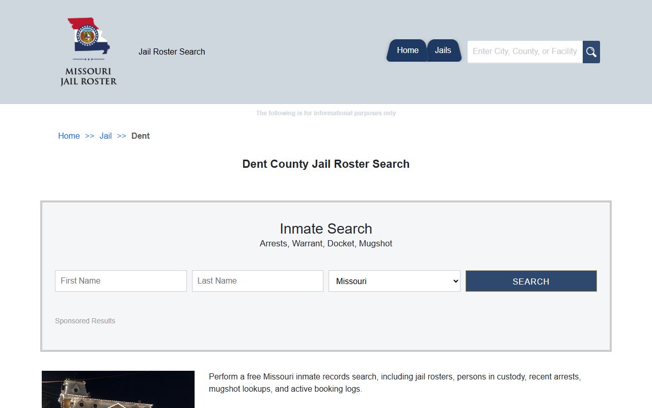 Dent County jail roster search page for current inmates