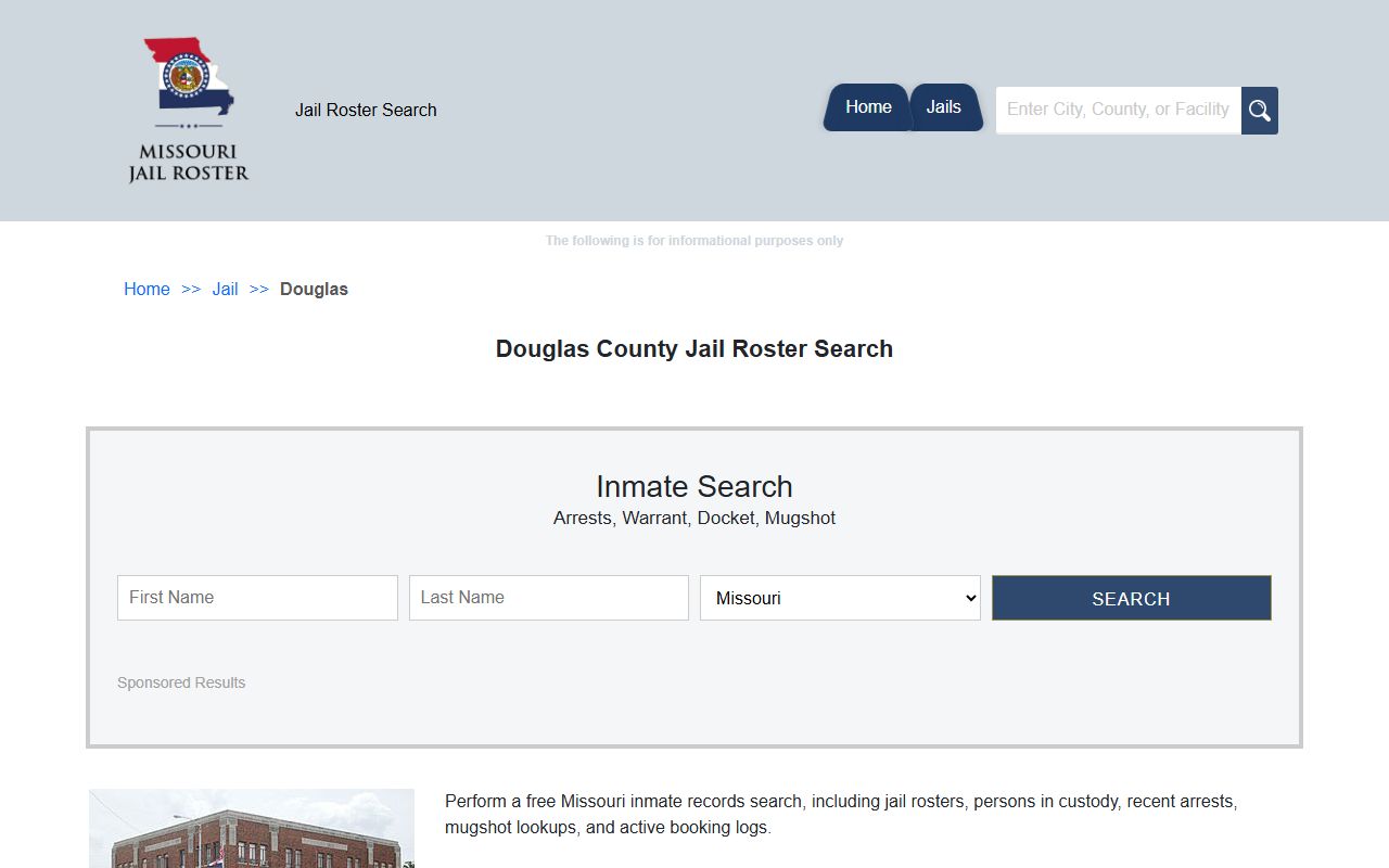 Douglas County jail roster search page for current inmates in Ava