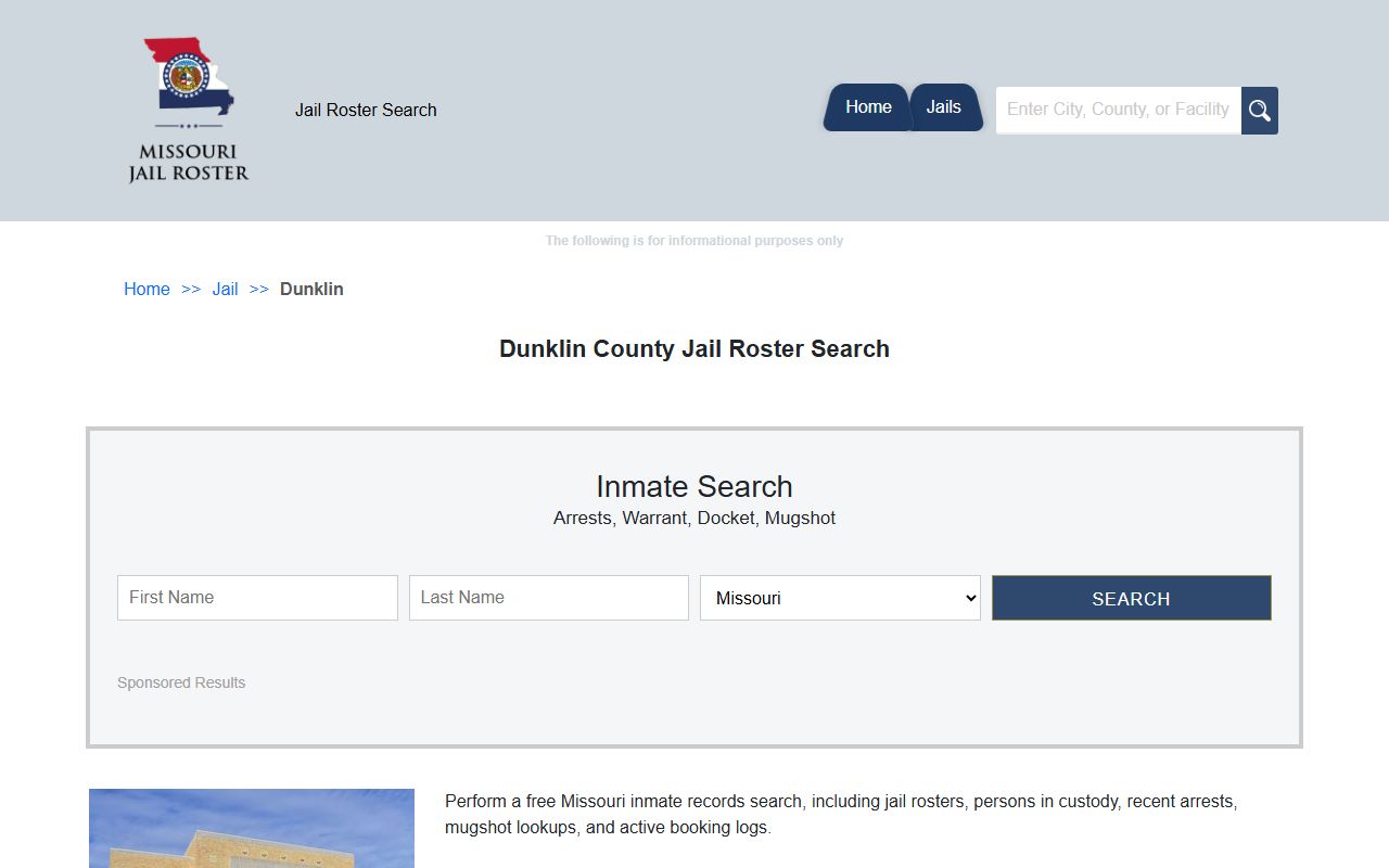 Dunklin County jail roster search page for current inmates
