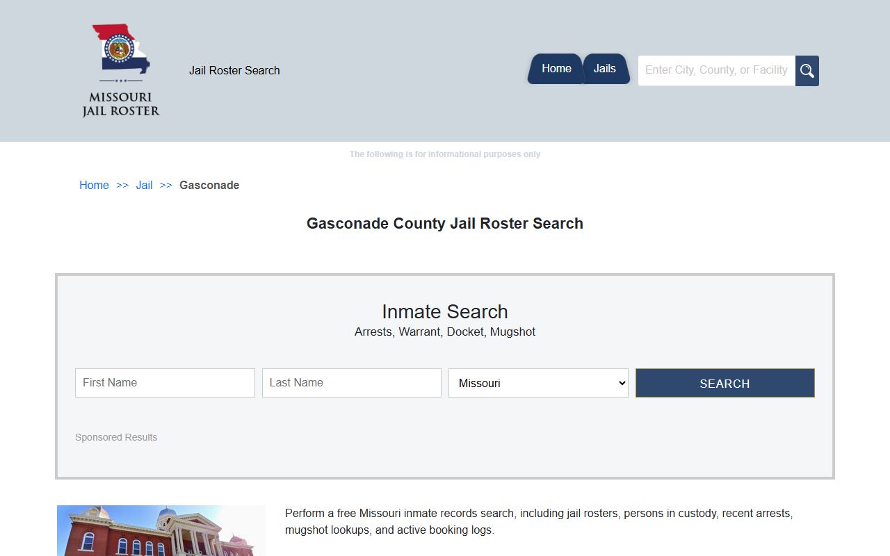 Gasconade County jail roster search page for current inmates in Hermann