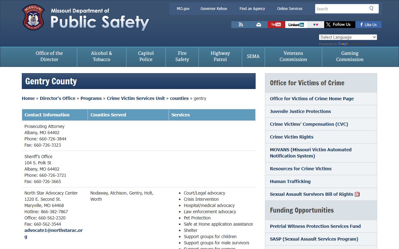 Gentry County DPS services page for victim support and jail roster notifications