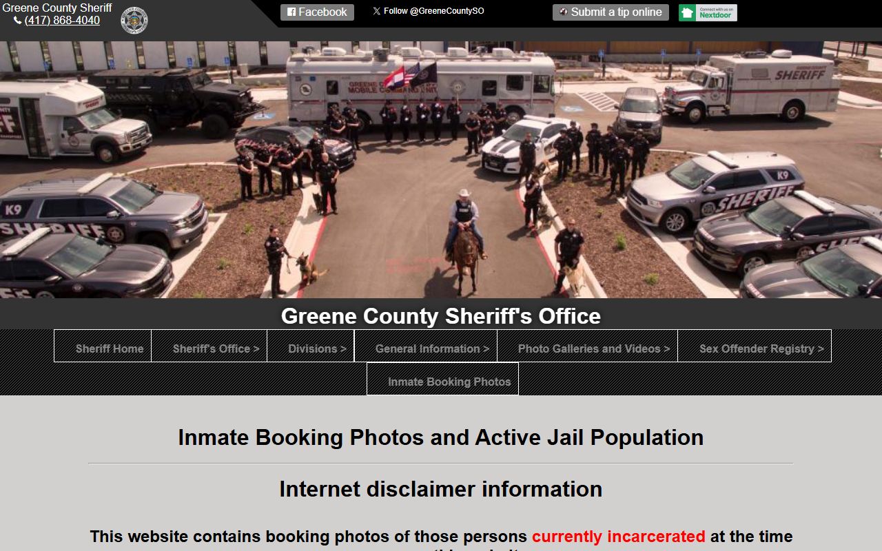 Greene County JailTracker page showing current jail roster inmates with booking photos