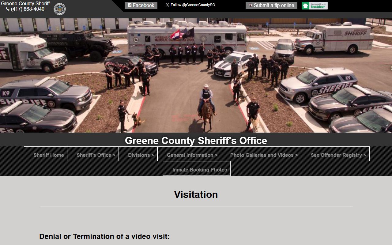 Greene County jail visitation information page for inmates on the roster