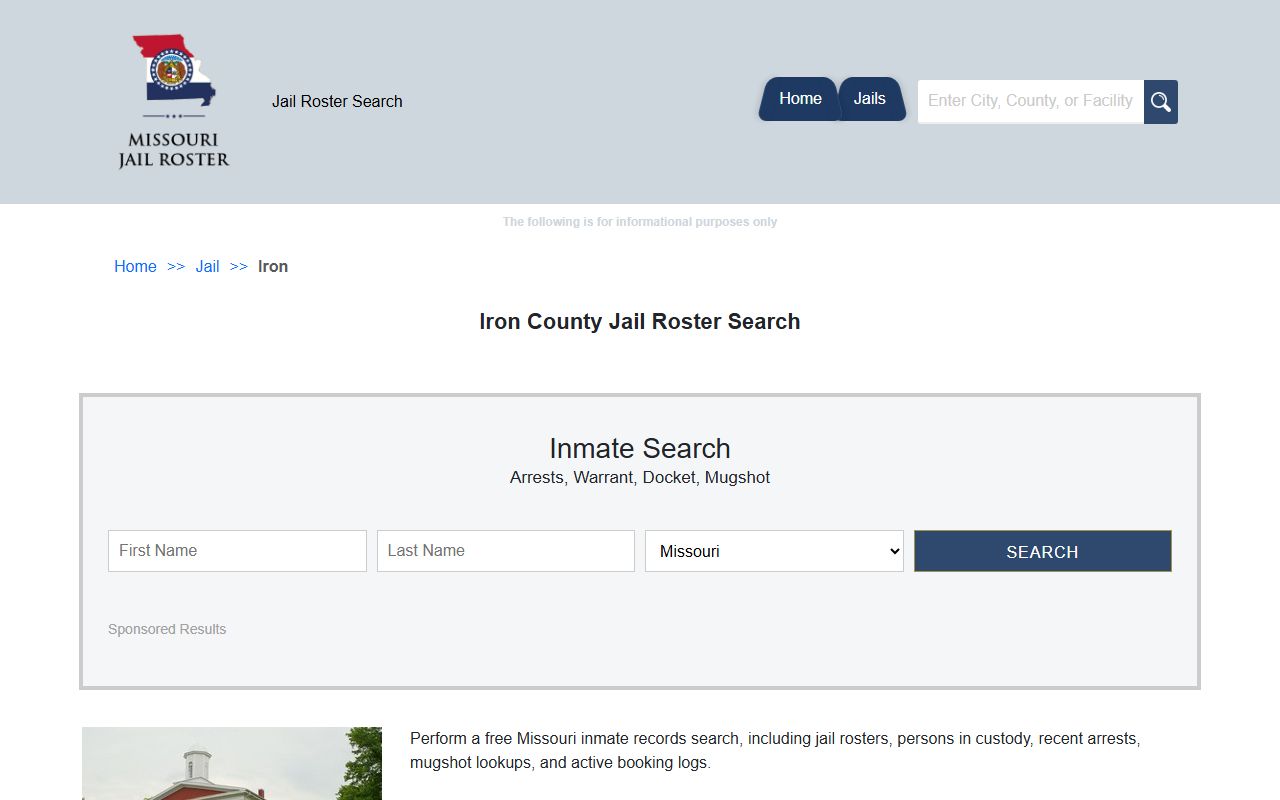 Iron County jail roster search page for inmate lookup in Missouri