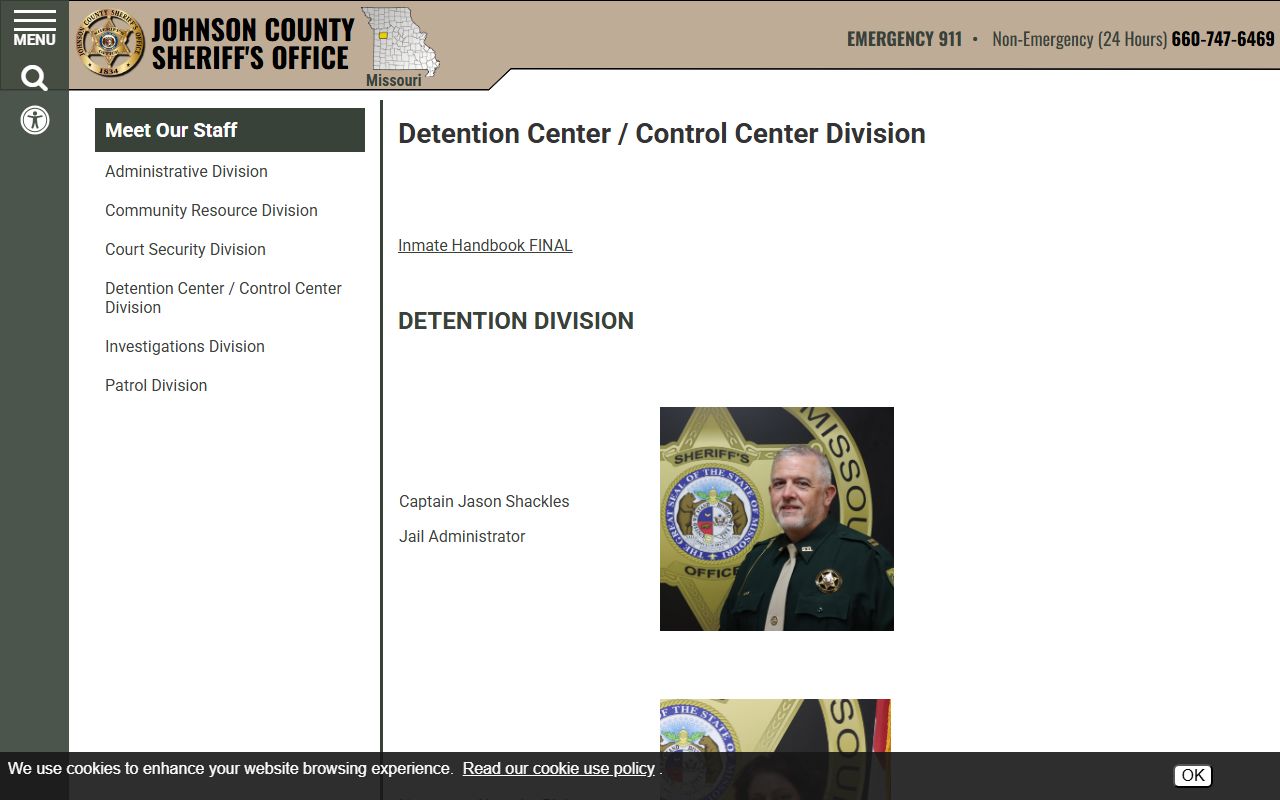 Johnson County Detention Center page with jail information and staff listing