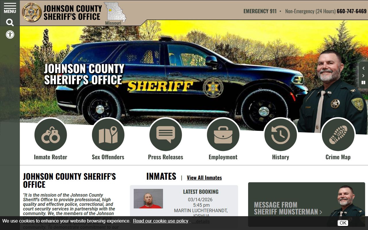 Johnson County Sheriff's Office homepage for jail roster and inmate information