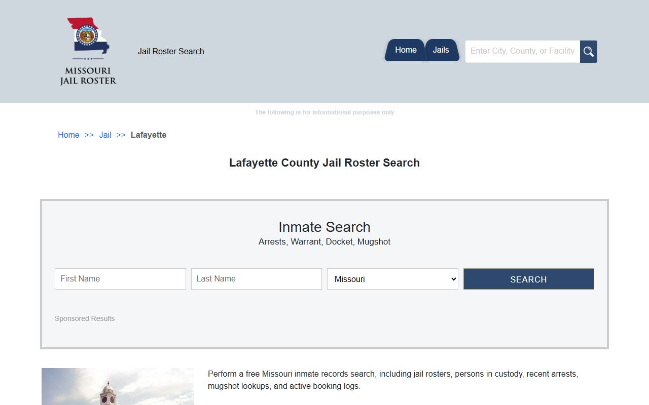 Lafayette County jail roster search page for inmate lookup in Missouri