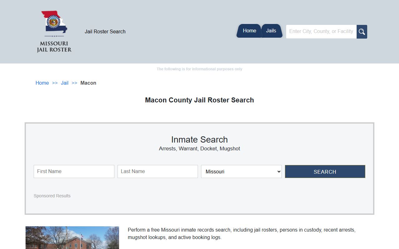 Macon County jail roster search page for inmate lookup in Missouri