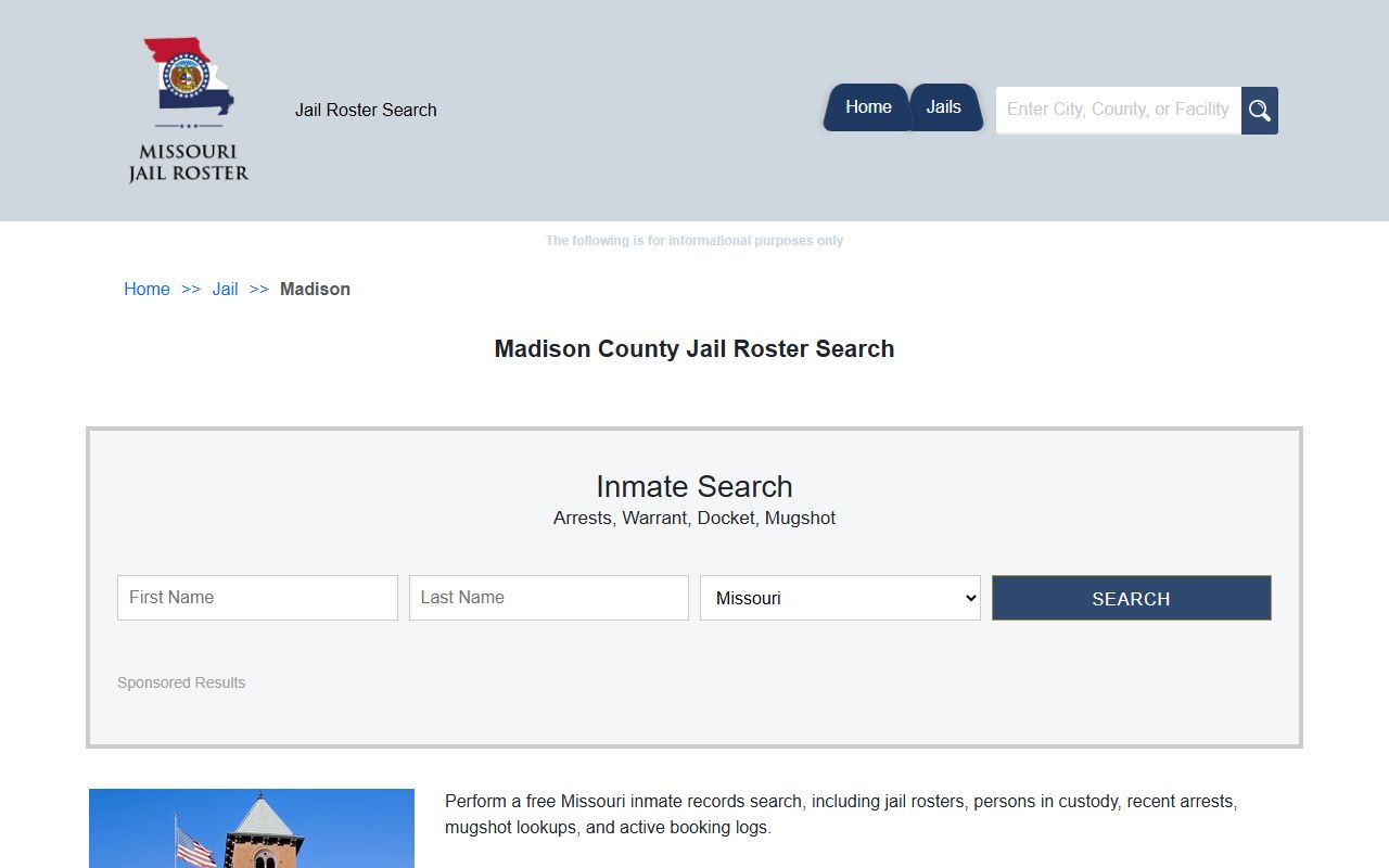Madison County jail roster search page for inmate records in Fredericktown Missouri