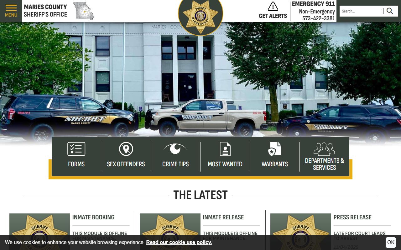 Maries County Sheriff Office website for jail roster and inmate services
