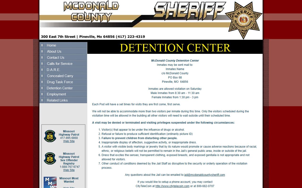 McDonald County Detention Center page for jail roster and inmate search in Pineville