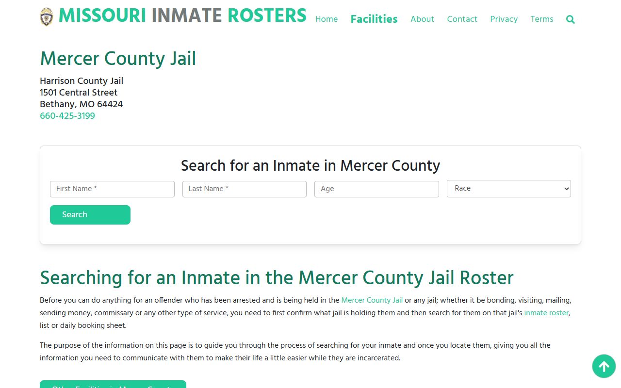 Mercer County inmate roster page with booking and visitation details