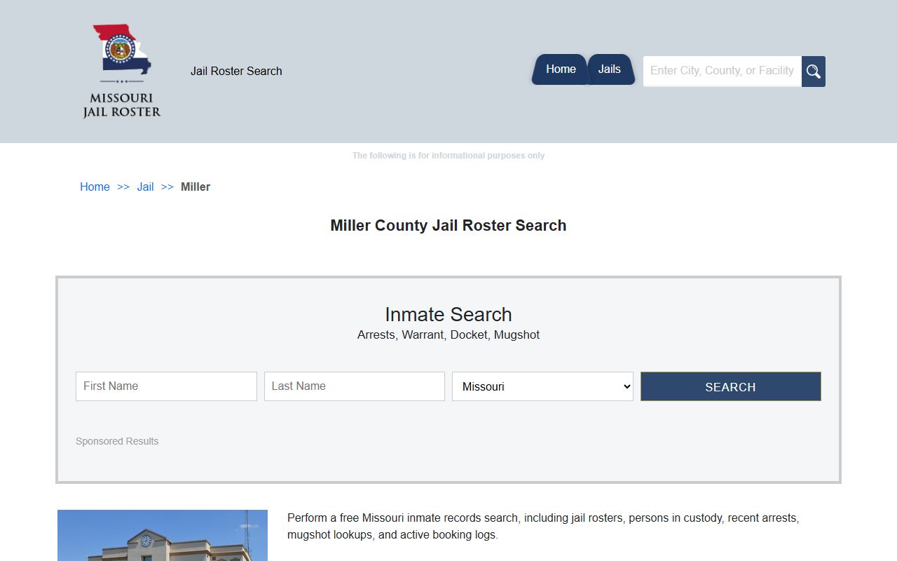 Miller County jail roster search page for inmate records and booking data