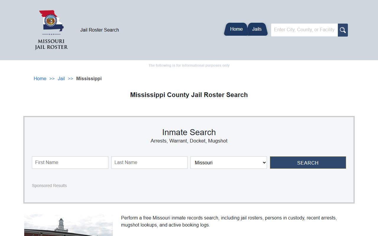 Mississippi County jail roster search page