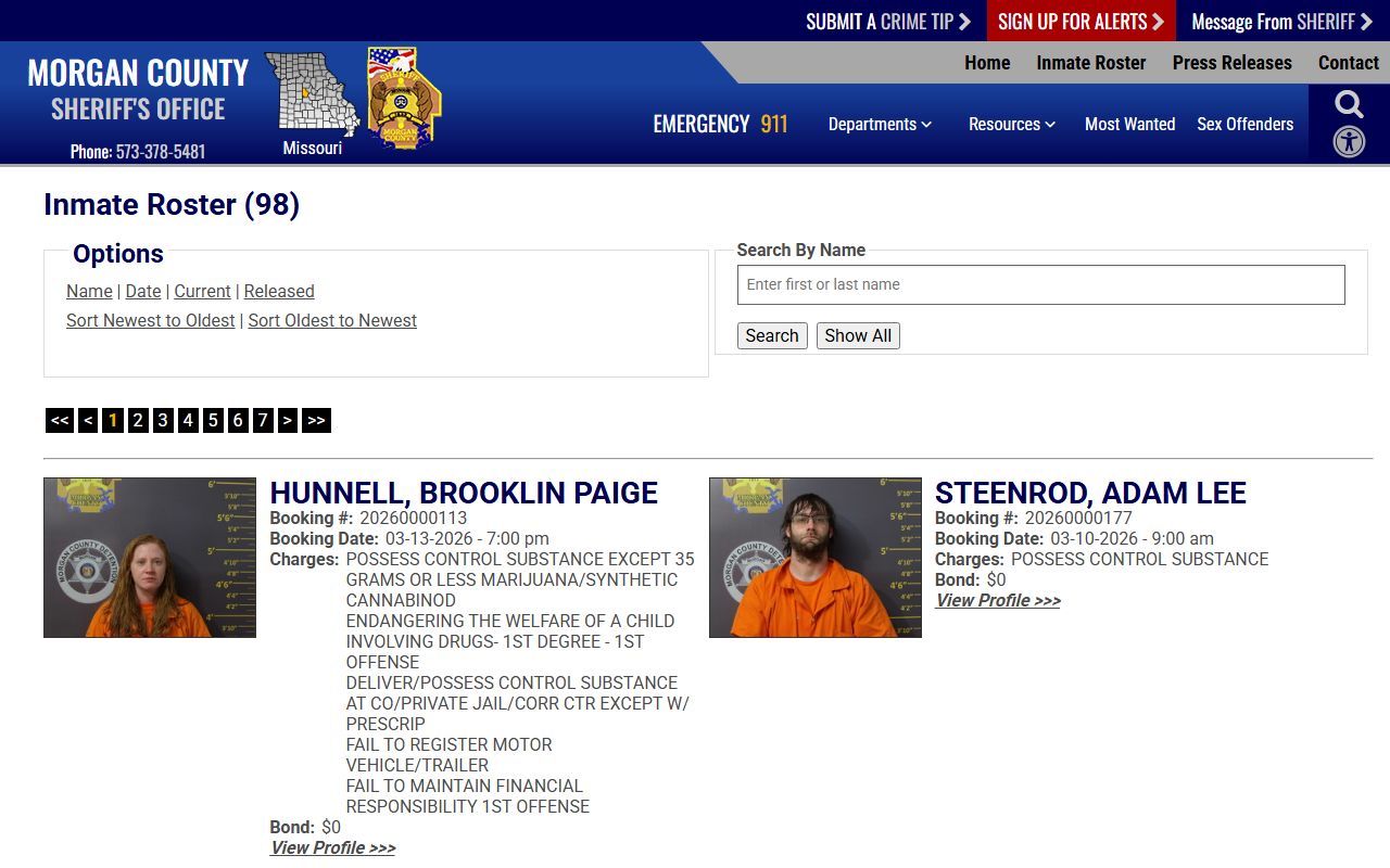 Morgan County inmate roster page with current inmates