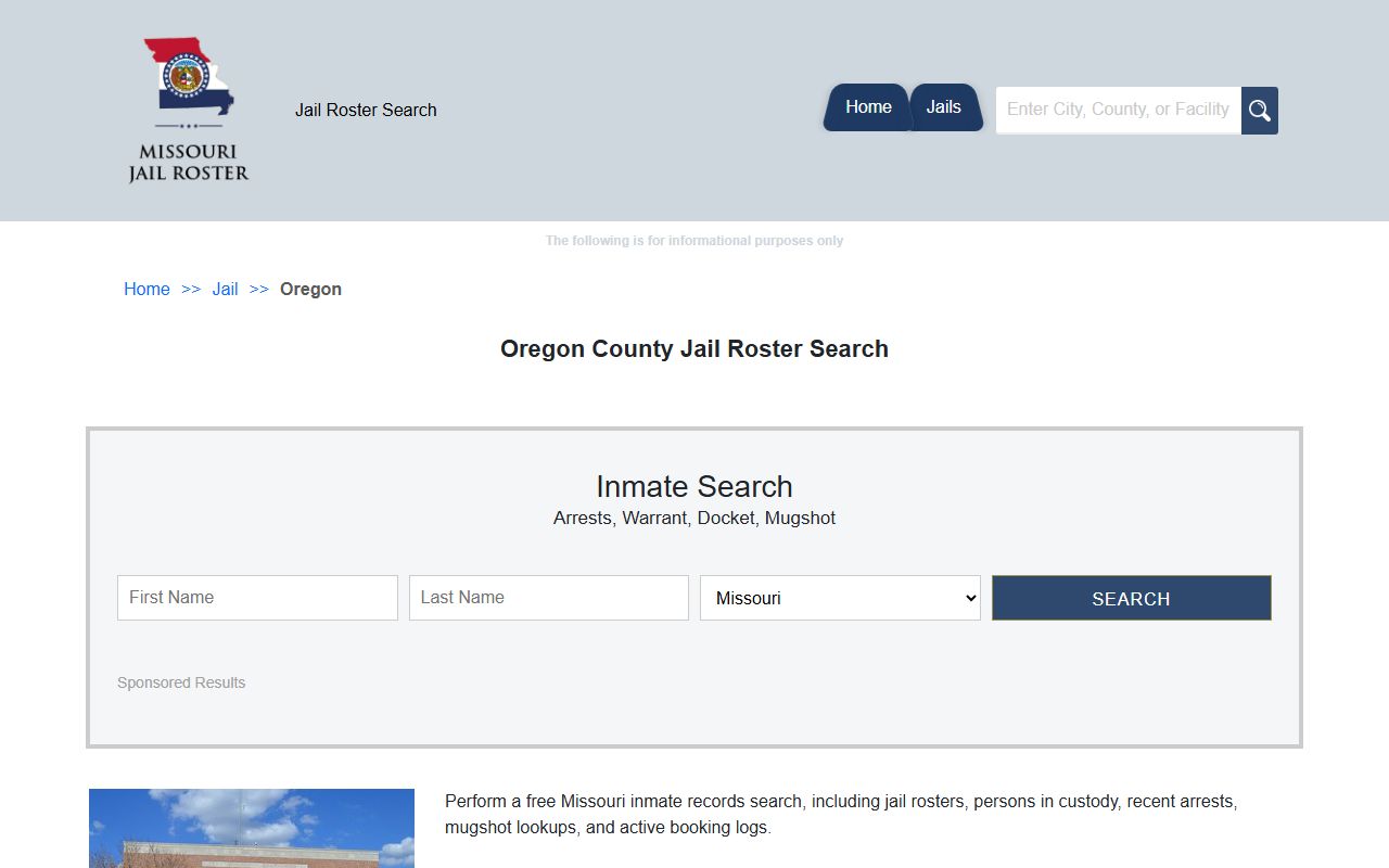 Oregon County jail roster search page