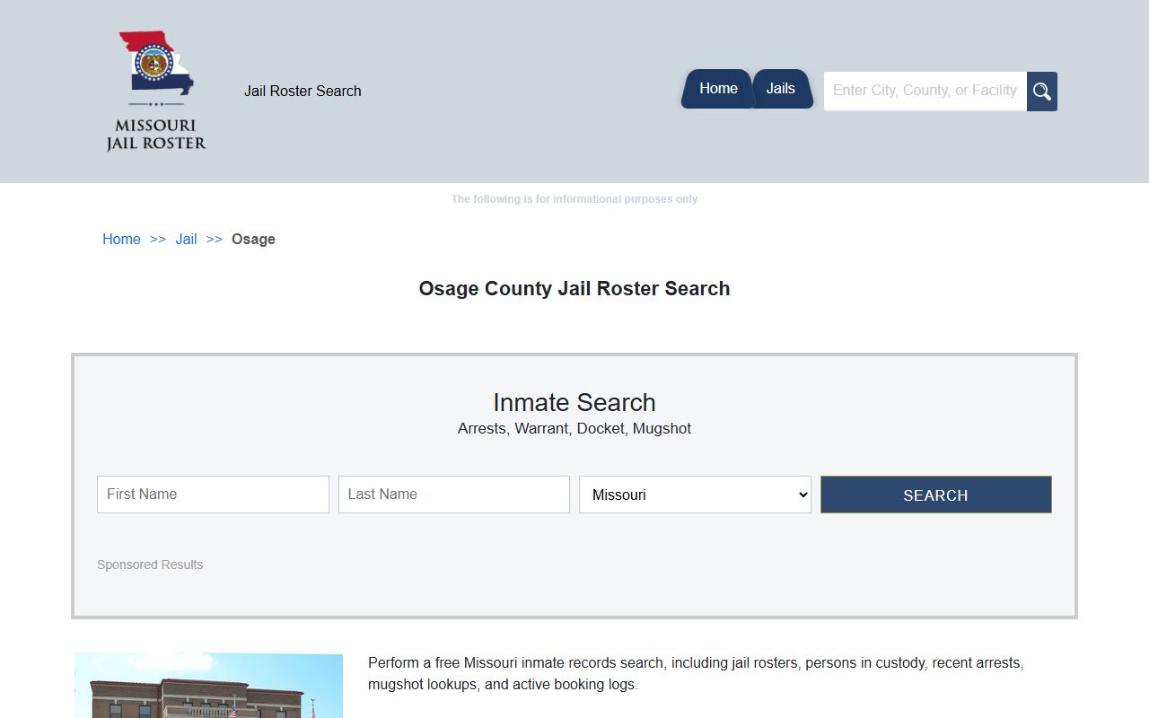 Osage County jail roster search page