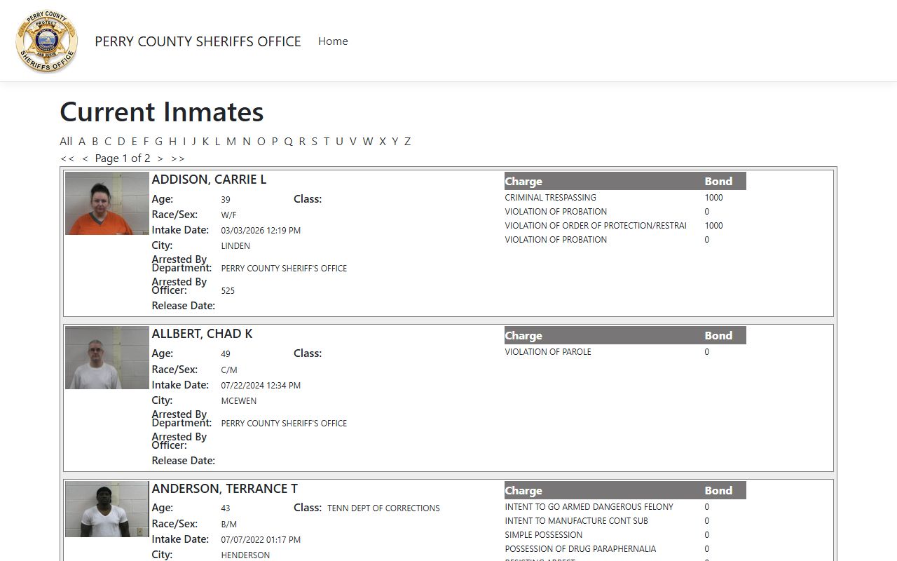 Perry County ISOMS jail portal showing current inmate roster