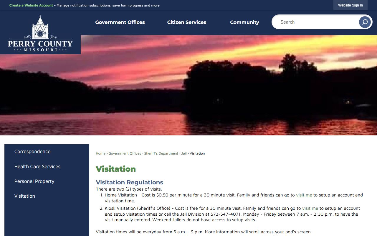 Perry County jail visitation information page for inmates on the roster